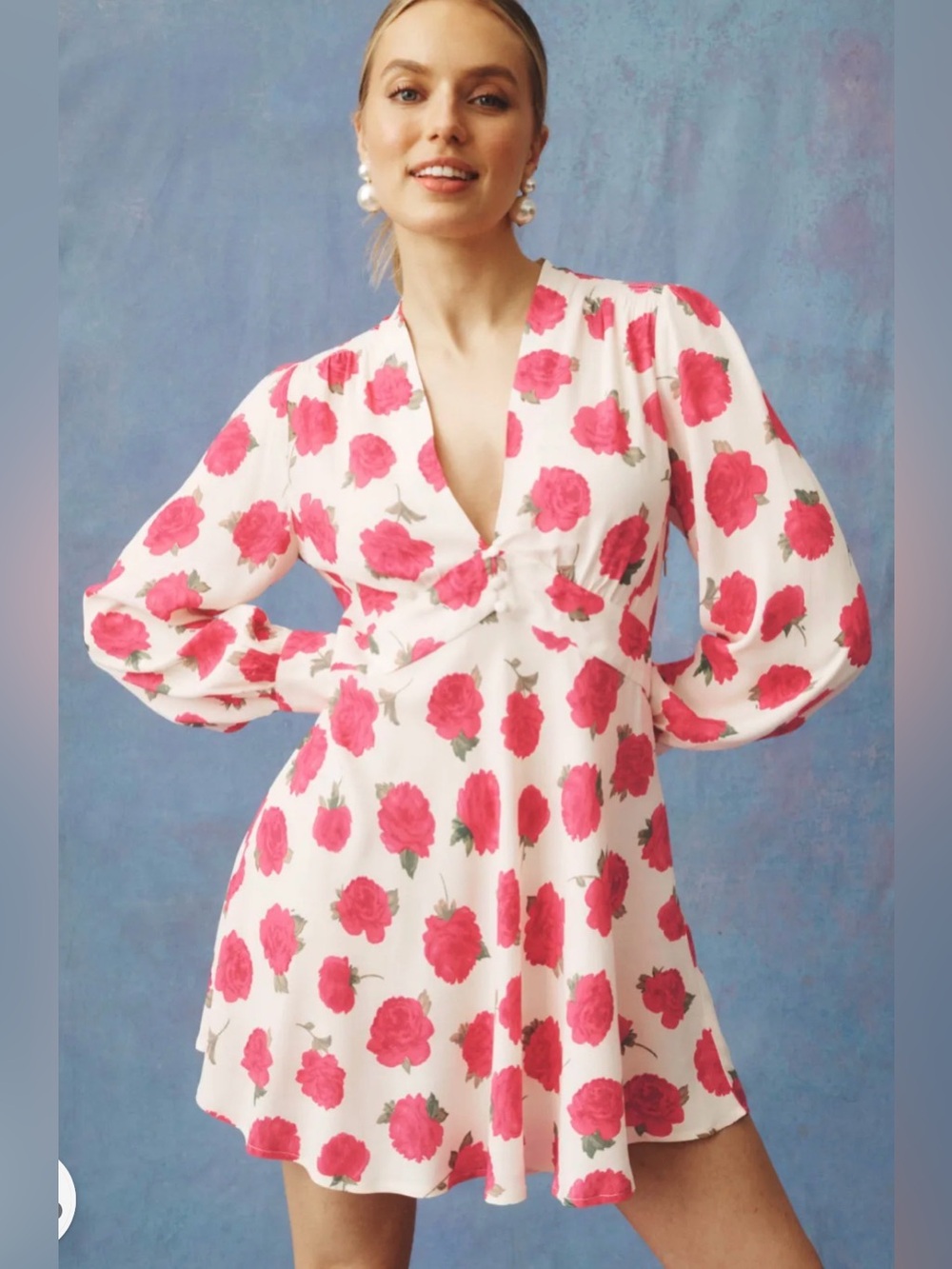 Rixo Hebe Rose Floral V-Neck Mini Dress Cream w Pink Red Roses